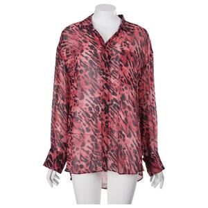 AllSaints Bernie Ambient Top M Red Animal Print Sheer Button Up Long Sleeve